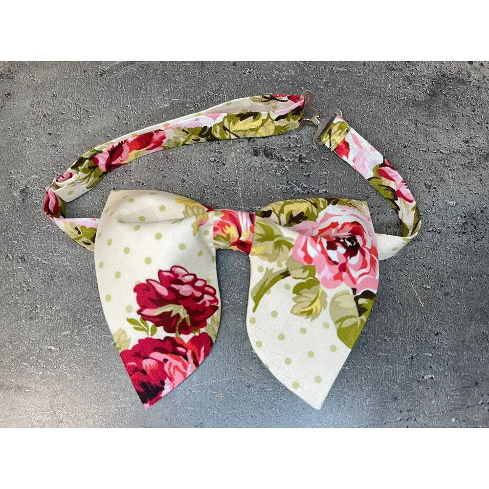 Handmade Oversized Cream/Red FloraL‎ Bow tie Vintage style Wedding Prom